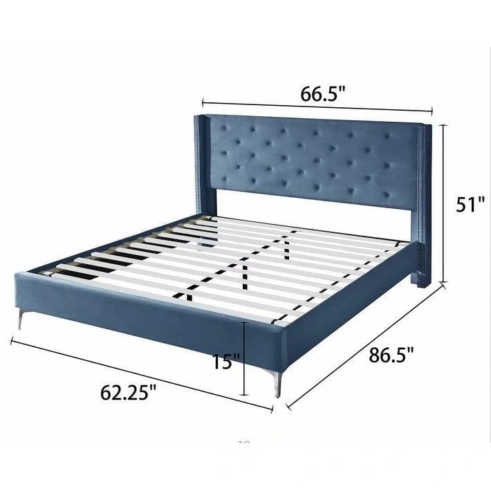 Cadre de lit plateforme rembourré en velours Queen Size avec pieds en métal de 15 cm