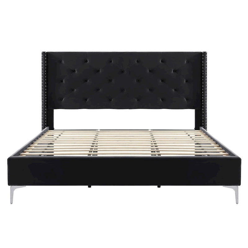 Cadre de lit plateforme rembourré en velours Queen Size avec pieds en métal de 15 cm