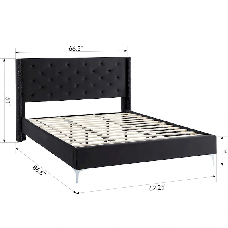 Cadre de lit plateforme rembourré en velours Queen Size avec pieds en métal de 15 cm