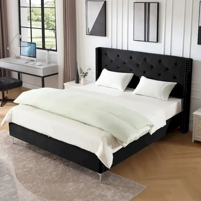 Cadre de lit plateforme rembourré en velours Queen Size avec pieds en métal de 15 cm