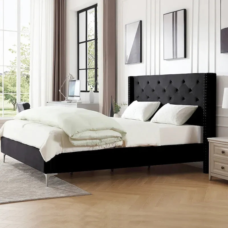 Cadre de lit plateforme rembourré en velours Queen Size avec pieds en métal de 15 cm