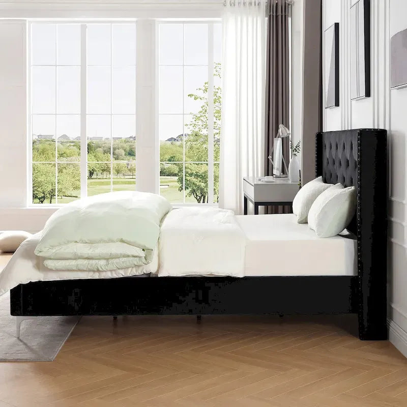 Cadre de lit plateforme rembourré en velours Queen Size avec pieds en métal de 15 cm
