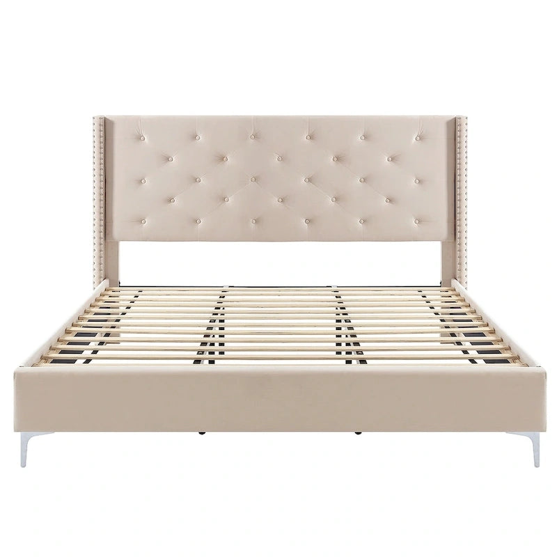 Cadre de lit plateforme rembourré en velours Queen Size avec pieds en métal de 15 cm