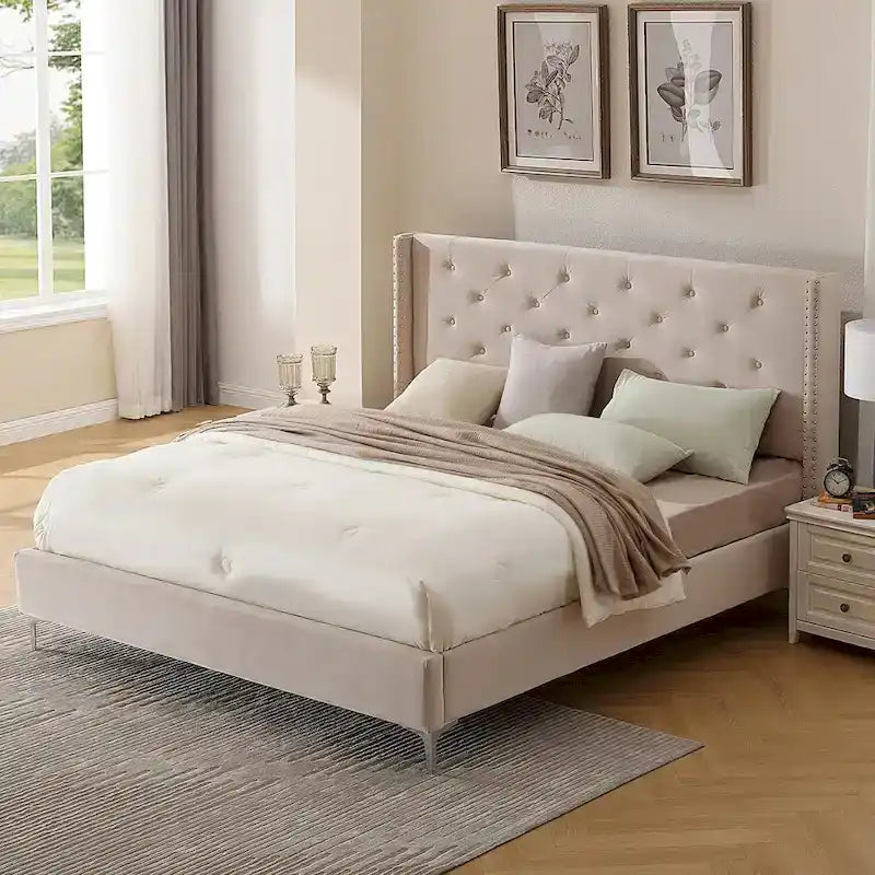 Cadre de lit plateforme rembourré en velours Queen Size avec pieds en métal de 15 cm