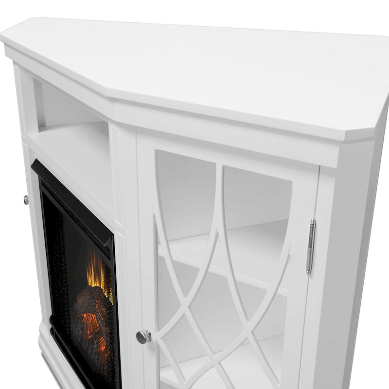 Meuble TV d'angle 56" avec cheminée électrique - Blanc