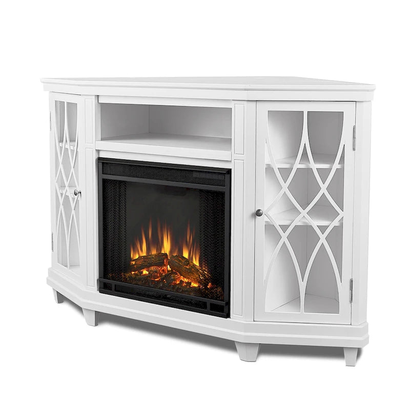 Meuble TV d'angle 56" avec cheminée électrique - Blanc