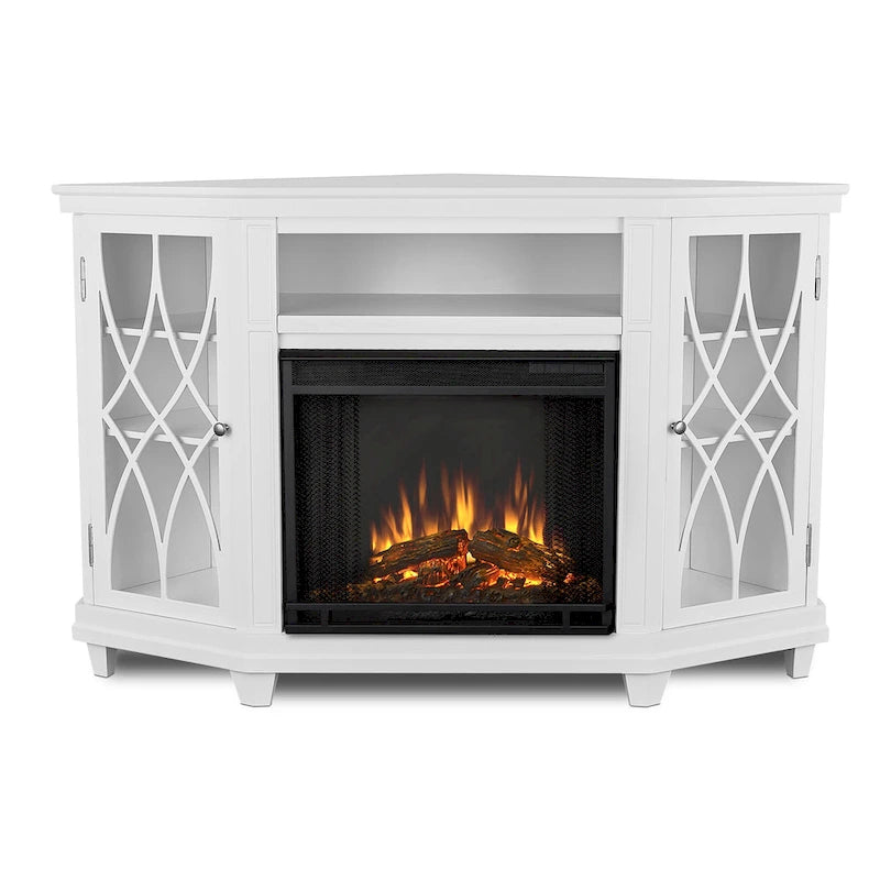 Meuble TV d'angle 56" avec cheminée électrique - Blanc
