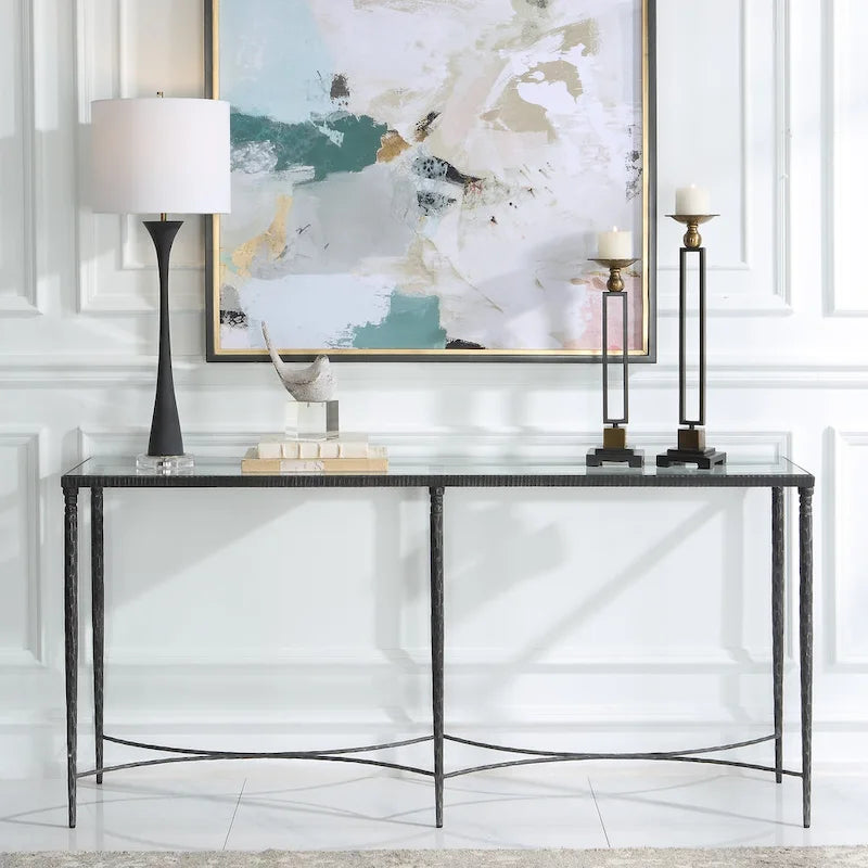 Console en fer et verre - 63 po L x 30 po H x 14 po P
