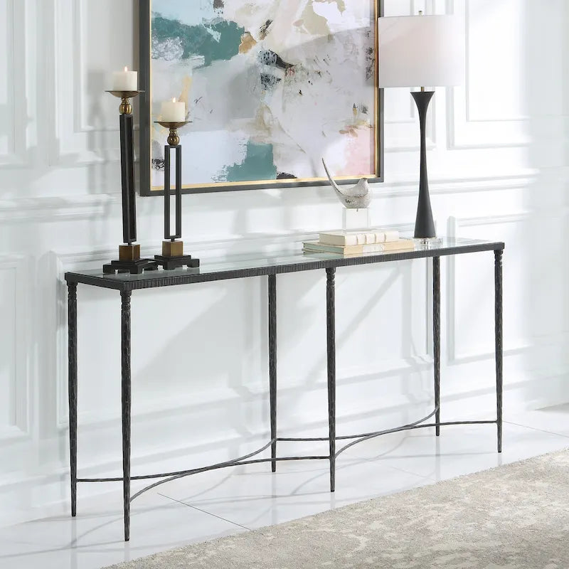 Console en fer et verre - 63 po L x 30 po H x 14 po P
