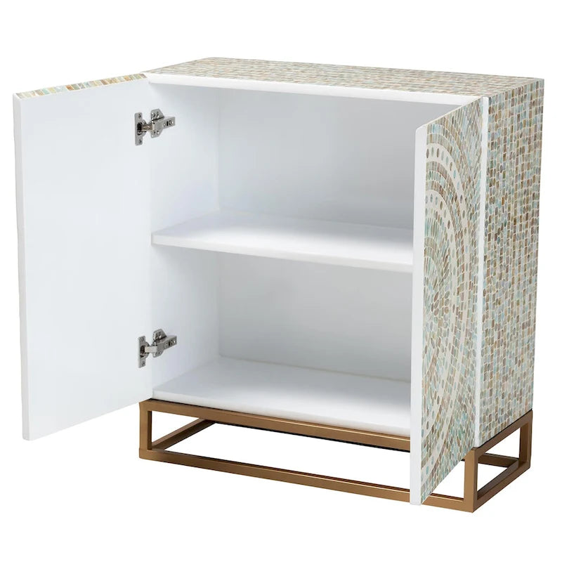 Meuble de rangement incrusté de nacre avec piètement métallique