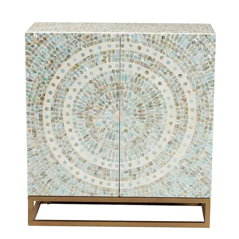Meuble de rangement incrusté de nacre avec piètement métallique
