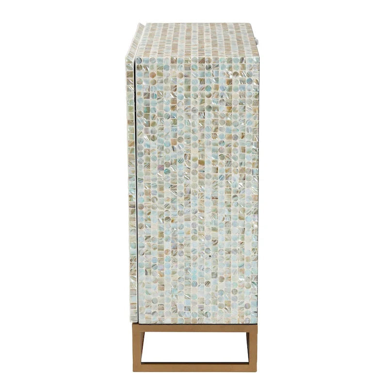 Meuble de rangement incrusté de nacre avec piètement métallique