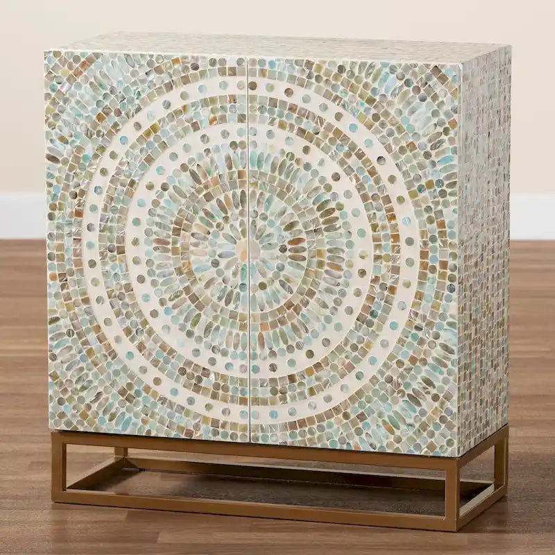 Meuble de rangement incrusté de nacre avec piètement métallique