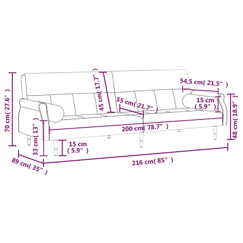 Canapé-lit deux places en velours avec coussins – 85 x 35 x 27,6"