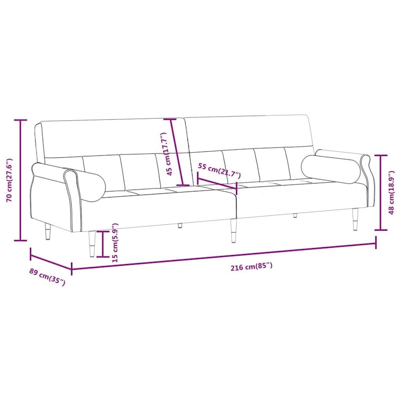 Canapé-lit deux places en velours avec coussins – 85 x 35 x 27,6"