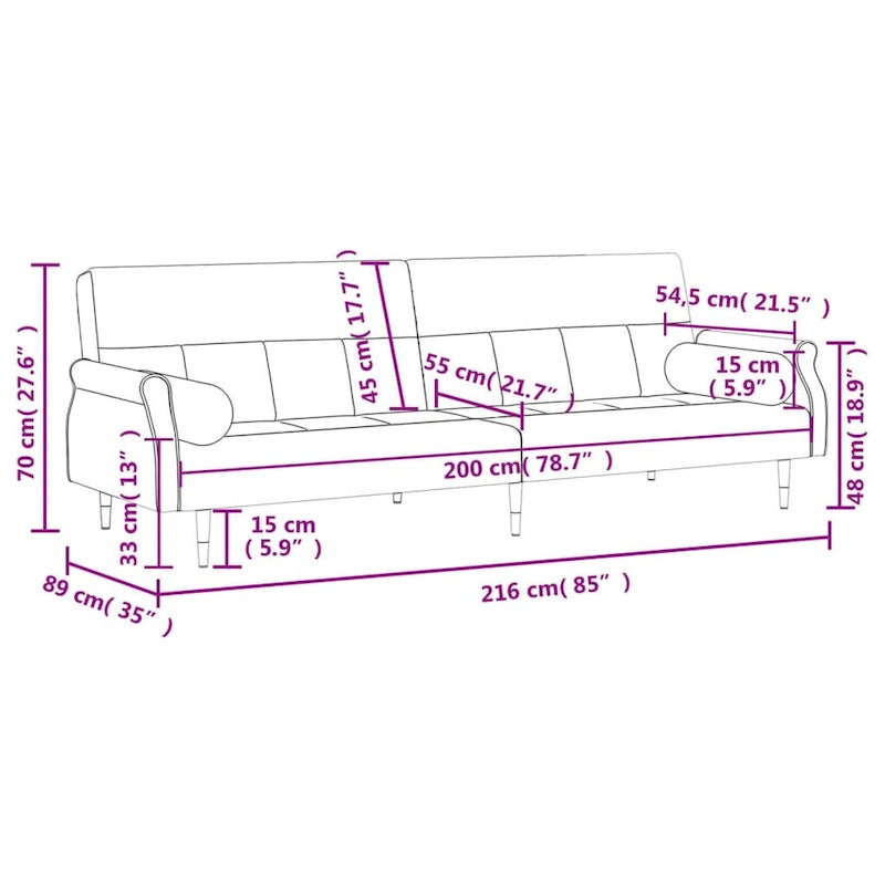 Canapé-lit deux places en velours avec coussins – 85 x 35 x 27,6"