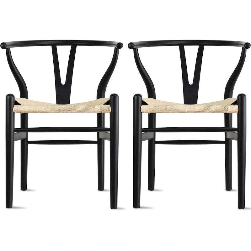 Lot de 2 chaises de salle à manger en bois avec assise en corde tressée