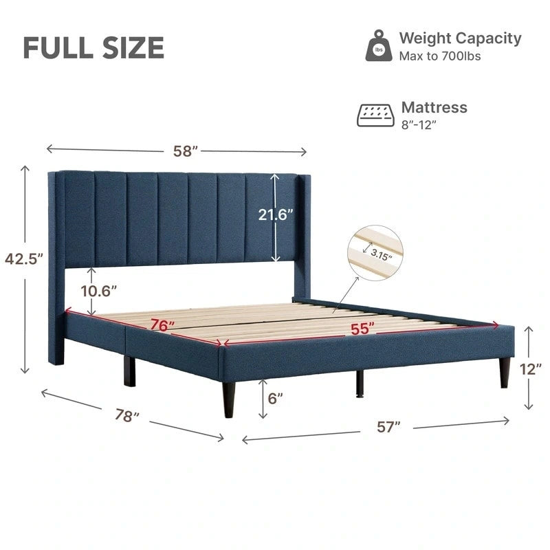 Lit plateforme capitonné avec tête de lit à capitonnage en canaux
