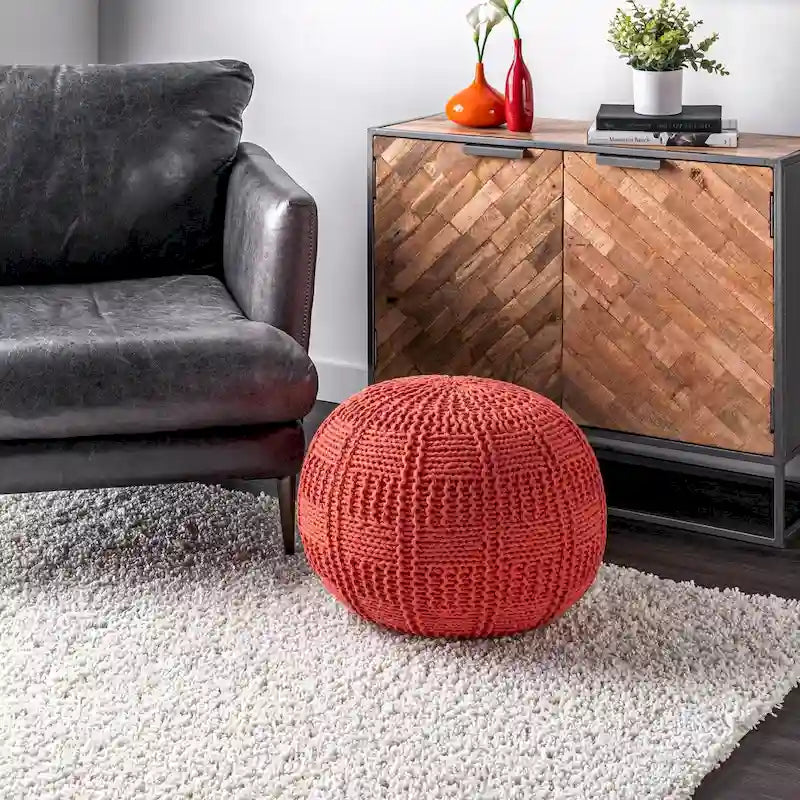 Pouf en coton tricoté décontracté avec motif tressé