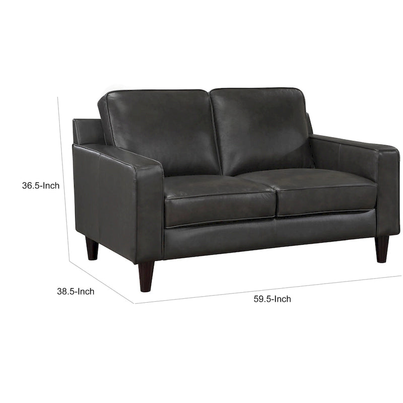 Causeuse de 60 pouces, cuir véritable et similicuir gris, bois massif