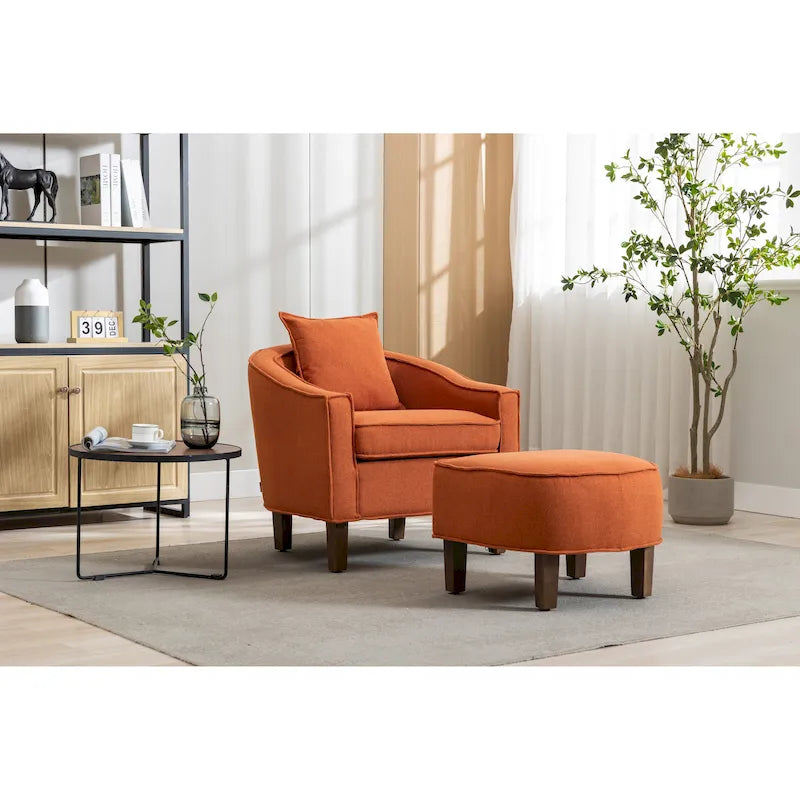 Fauteuil tonneau rembourré avec pouf