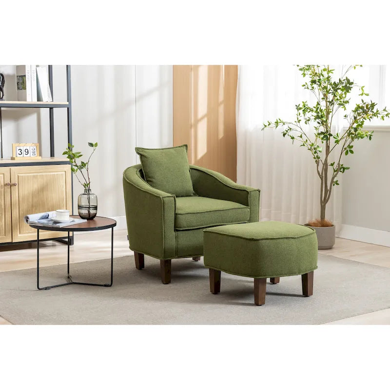 Fauteuil tonneau rembourré avec pouf