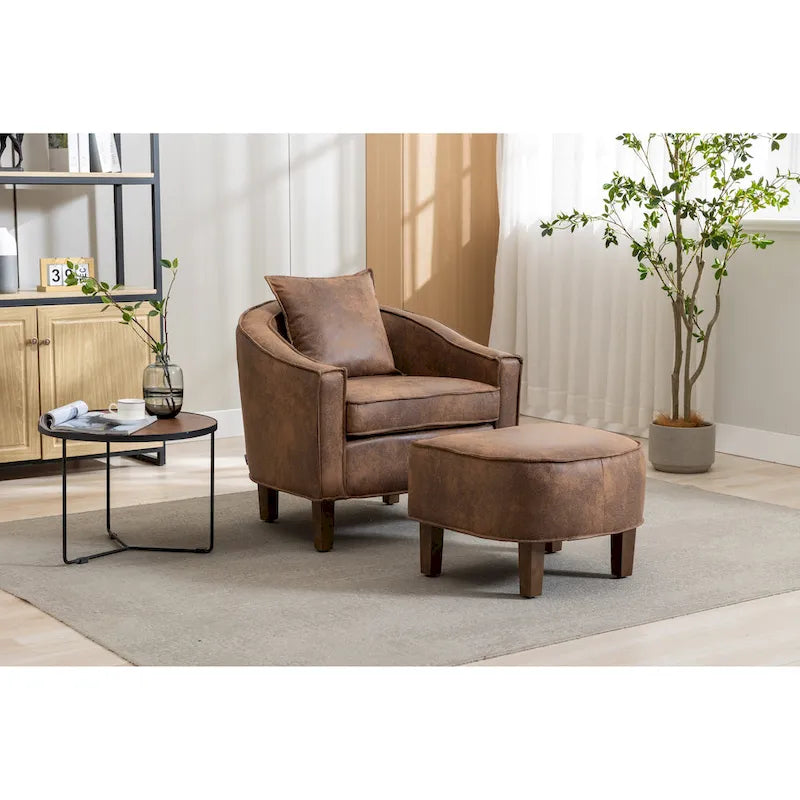 Fauteuil tonneau rembourré avec pouf