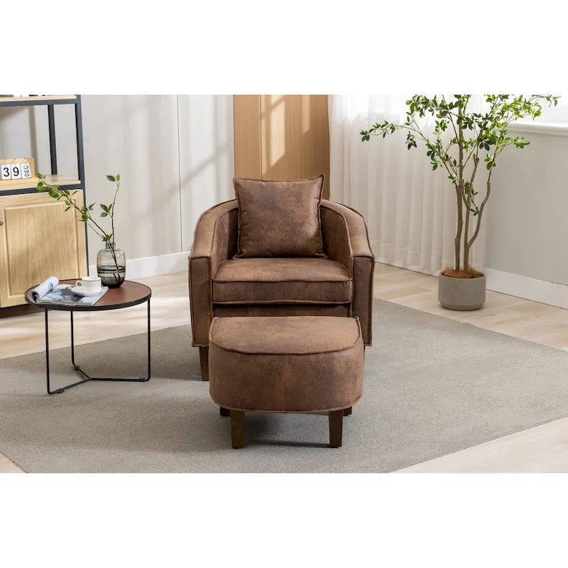 Fauteuil tonneau rembourré avec pouf