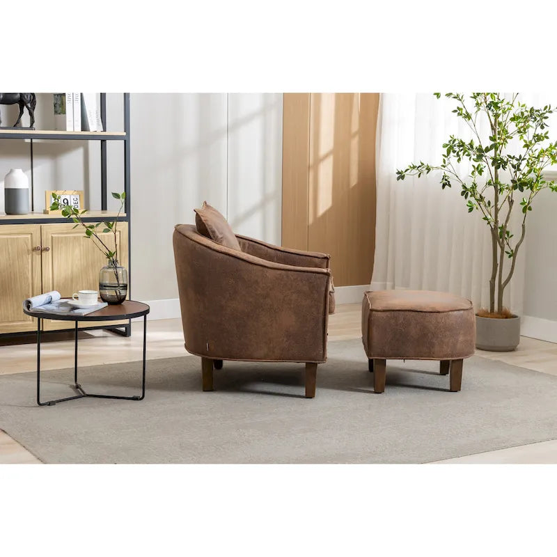 Fauteuil tonneau rembourré avec pouf