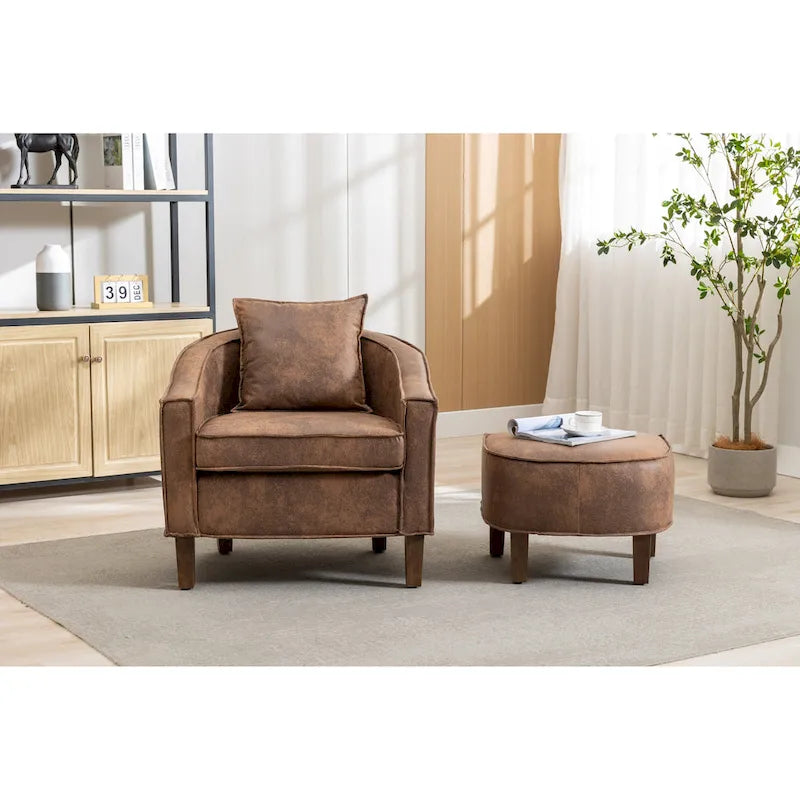 Fauteuil tonneau rembourré avec pouf