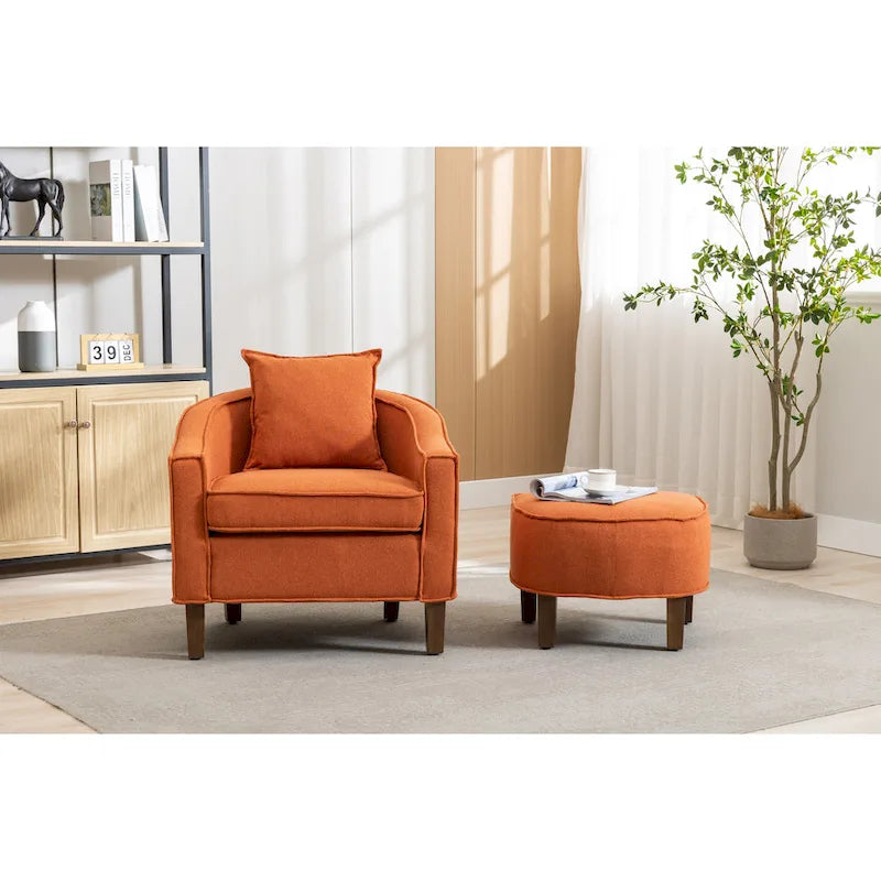 Fauteuil tonneau rembourré avec pouf