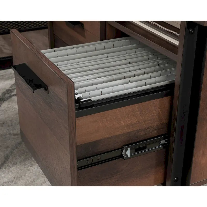 Bureau en L avec tiroirs et espace de rangement pour dossiers