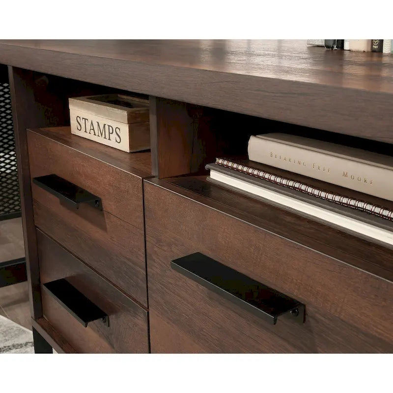 Bureau en L avec tiroirs et espace de rangement pour dossiers
