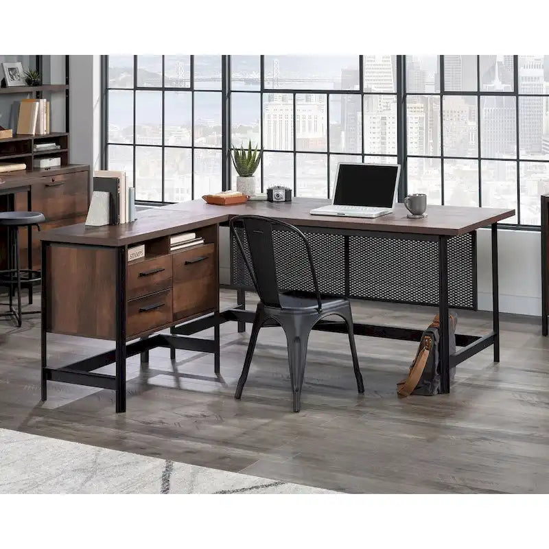 Bureau en L avec tiroirs et espace de rangement pour dossiers