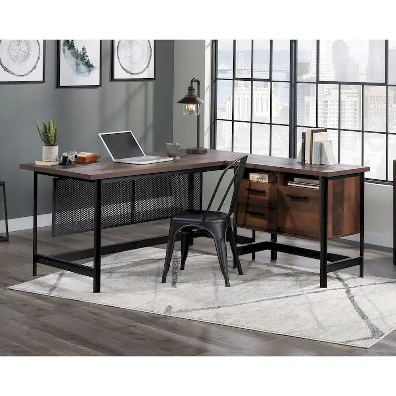 Bureau en L avec tiroirs et espace de rangement pour dossiers