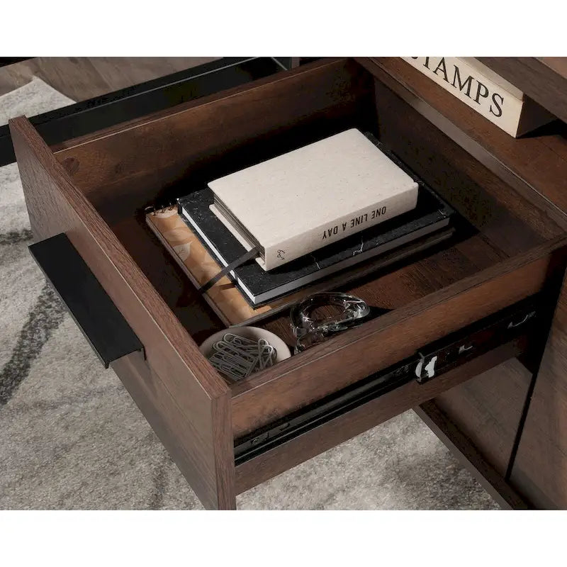 Bureau en L avec tiroirs et espace de rangement pour dossiers
