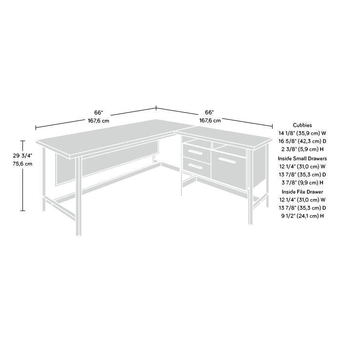 Bureau en L avec tiroirs et espace de rangement pour dossiers