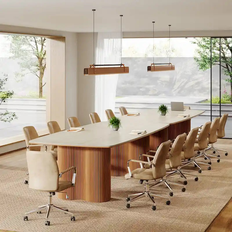 Table de conférence de 79 pouces avec plateau en pierre frittée et base en bois massif