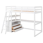 Lit mezzanine simple avec bureau, étagères et deux tiroirs