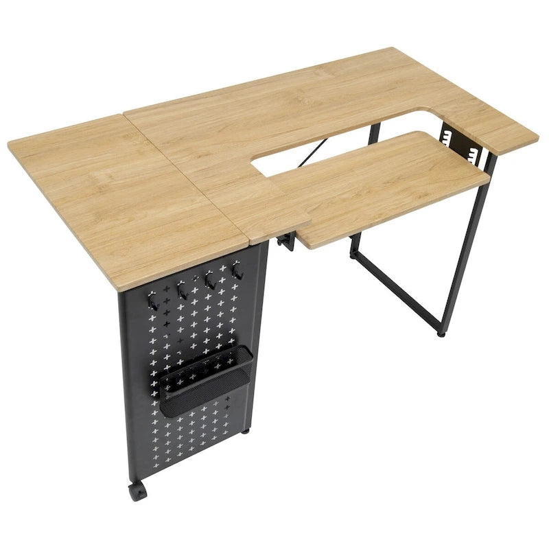 Table de couture pivotante avec panneau de rangement et plateforme réglable