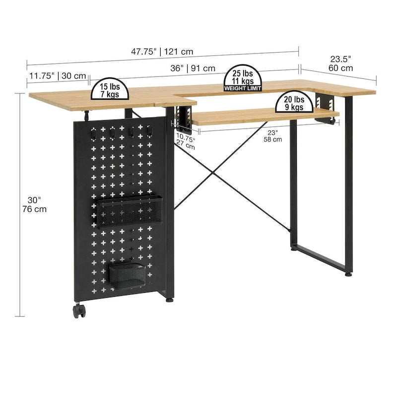 Table de couture pivotante avec panneau de rangement et plateforme réglable