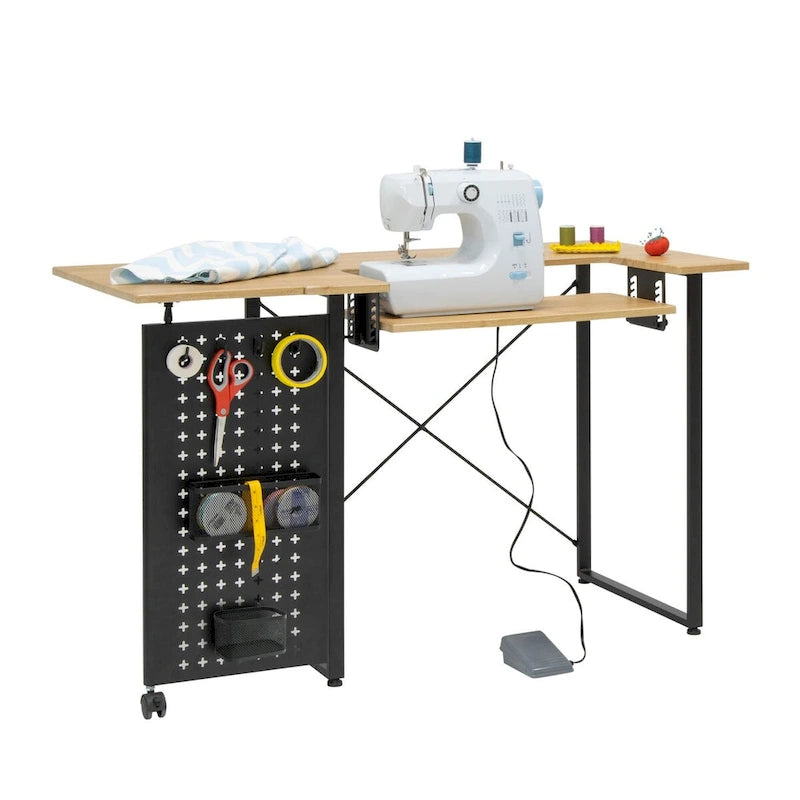 Table de couture pivotante avec panneau de rangement et plateforme réglable