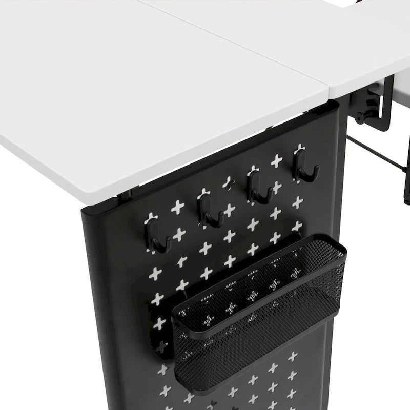 Table de couture pivotante avec panneau de rangement et plateforme réglable