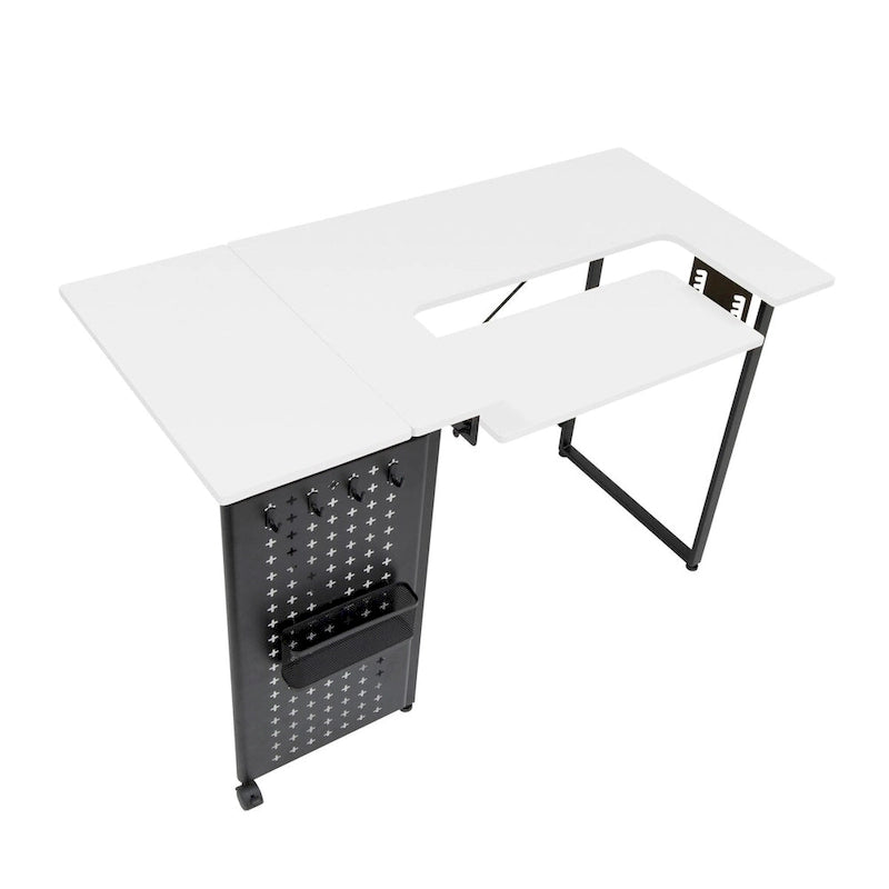 Table de couture pivotante avec panneau de rangement et plateforme réglable