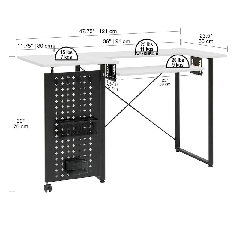 Table de couture pivotante avec panneau de rangement et plateforme réglable