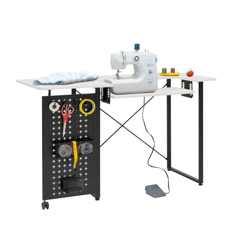 Table de couture pivotante avec panneau de rangement et plateforme réglable