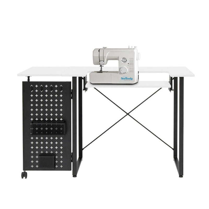 Table de couture pivotante avec panneau de rangement et plateforme réglable