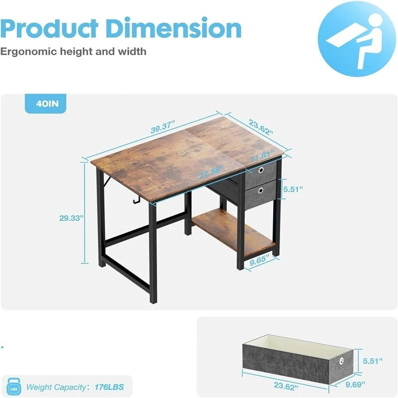 Bureau d'ordinateur avec tiroirs et étagère inférieure