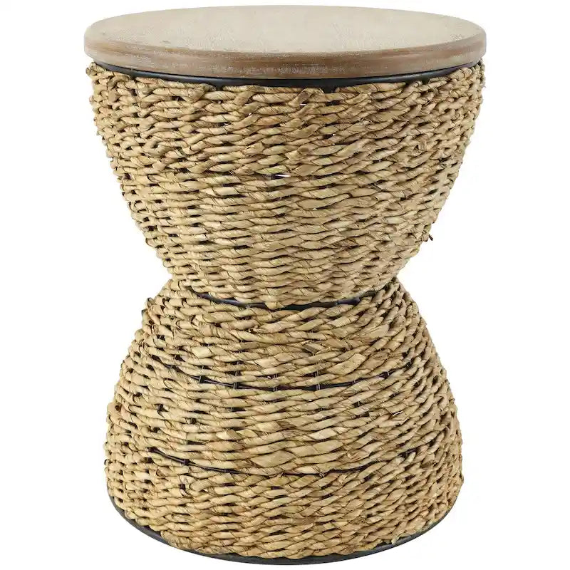 Table d'appoint en rotin tissé à la main avec plateau en bois et cadre noir - Marron clair ou Marron