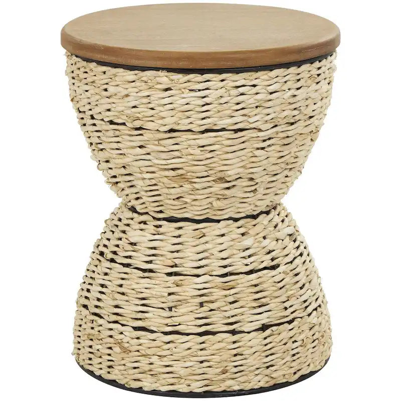 Table d'appoint en rotin tissé à la main avec plateau en bois et cadre noir - Marron clair ou Marron